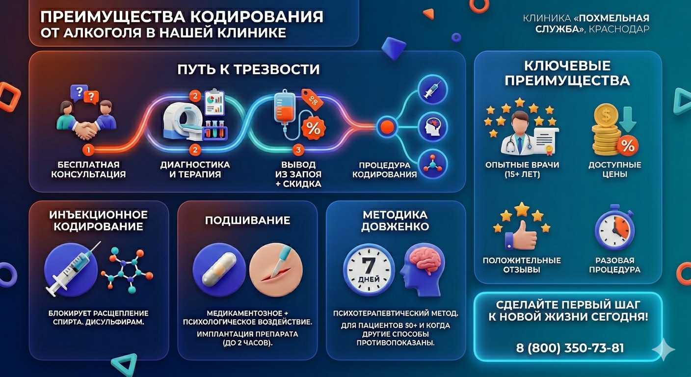 Инфографика о методах кодирования от алкоголя в Северской: инъекции, подшивание, метод Довженко. Преимущества клиники и этапы лечения.