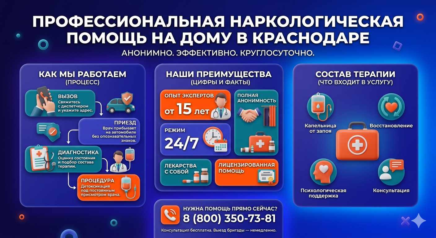 Инфографика о принципах лечения алкоголизма на дому в Северской: этапы вызова нарколога, преимущества анонимной детоксикации и состав медицинской помощи.